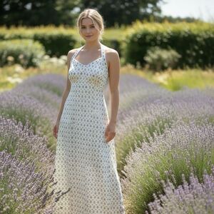 VTG Handmade maxi dress Size Small Blue Floral Cotton  Print halter Lace Trim